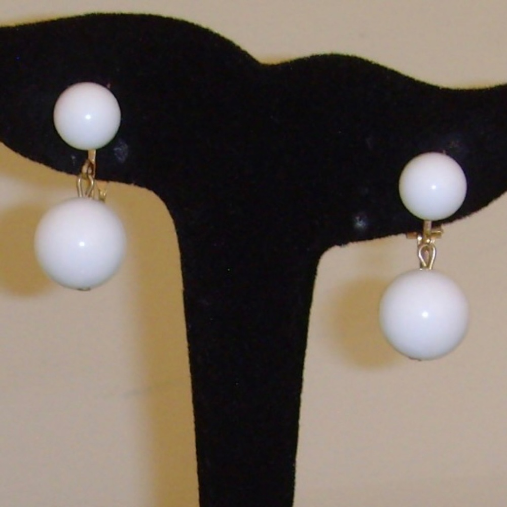 Vintage White Lucite and Gold-Tone Clip-On Dangle Earrings